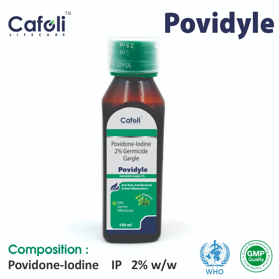 Povidone Iodine 2% Gargle at the best price in PCD Pharma Franchise for oral cavity infection and throat disinfection.